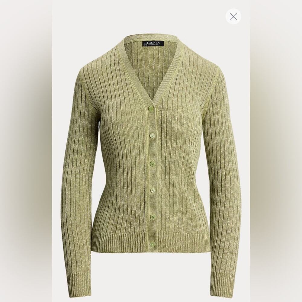 NEW LAUREN Ralph Lauren SPARKLE GREEN Knit V Neck Button Up Cardigan Sweater MED